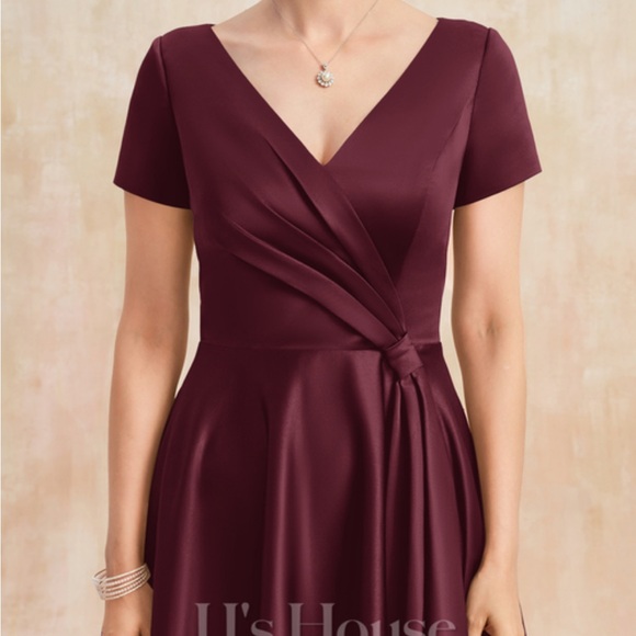 A-line V-Neck Tea-Length Satin Mother of the Bride Dress With Cascading Ruffles - Picture 6 of 7